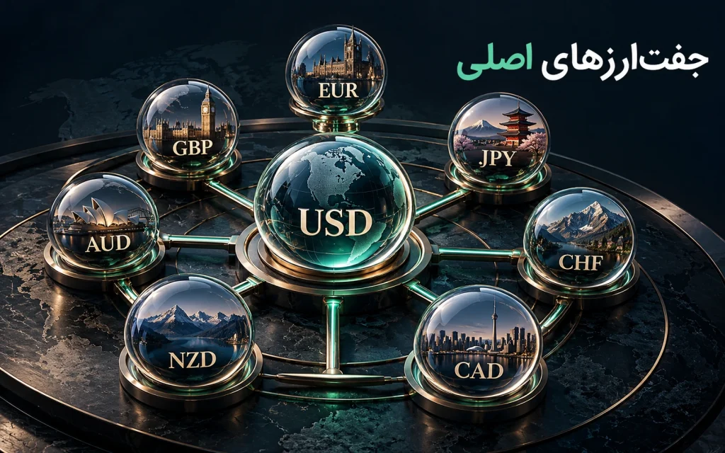 ۷ جفت ارز اصلی فارکس (Major Pairs) و ویژگی‌هایشان؛ تصویرسازی مفهومی اختصاصی موضوع